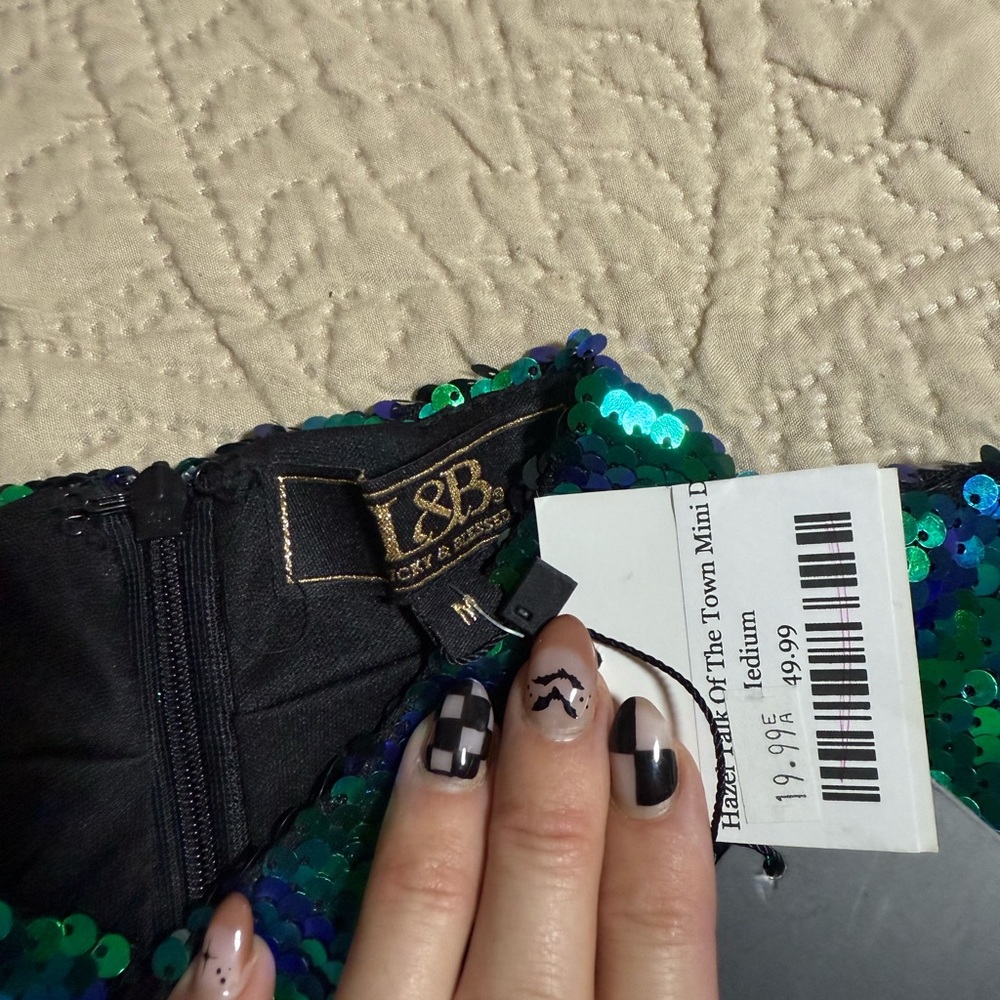 L&B Blue and Green Sequin Long Sleeve Dress - Picture 3 of 4